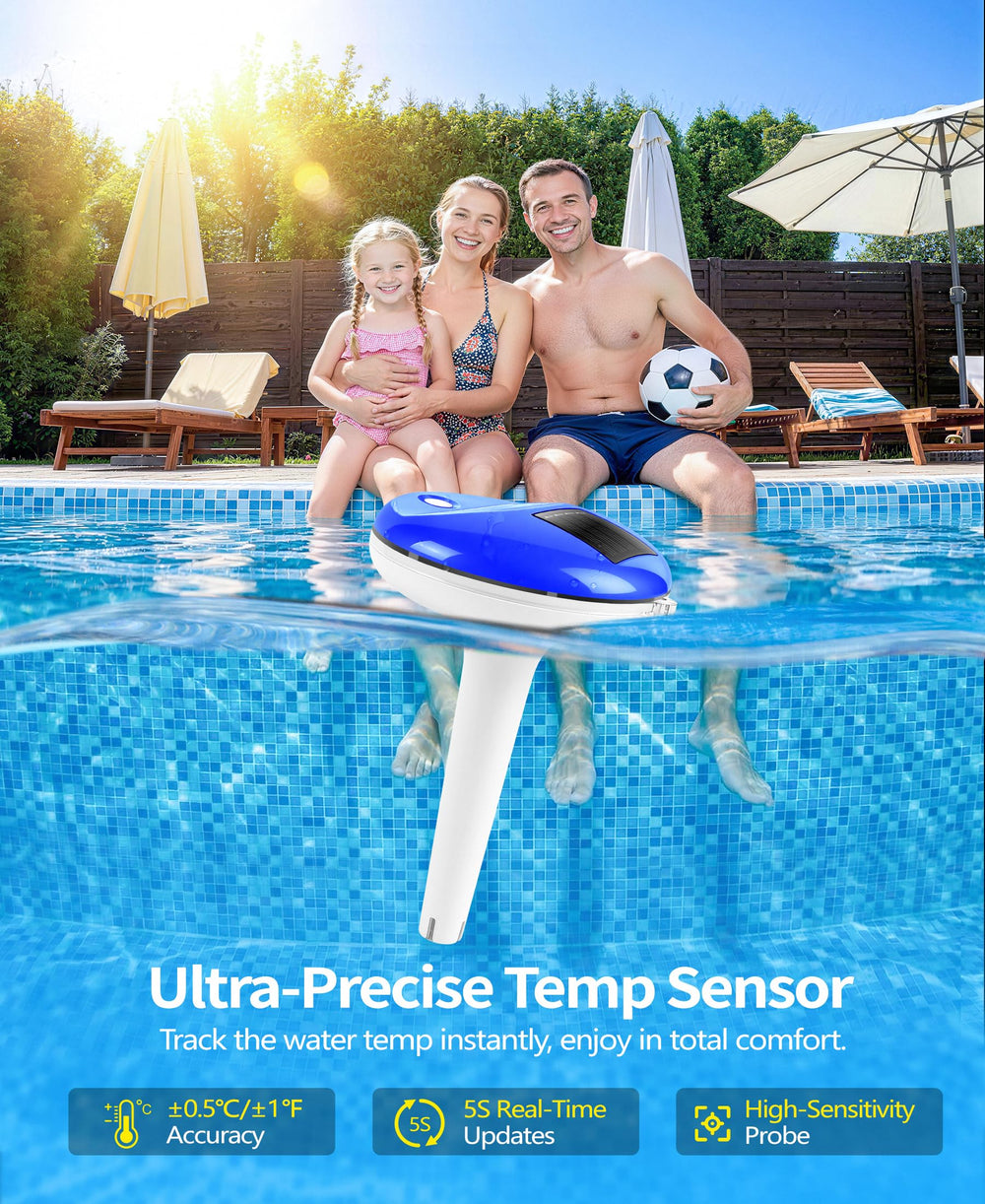 Close-up of the LCD display of Sinbyuer Solar Pool Thermometer