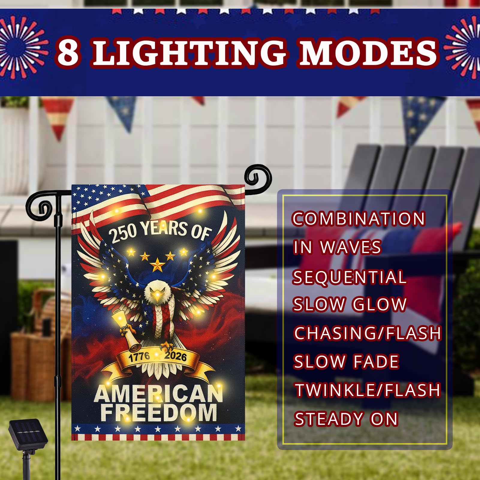 Close-up of the LED lights on FLAGMESAGE Garden Flag