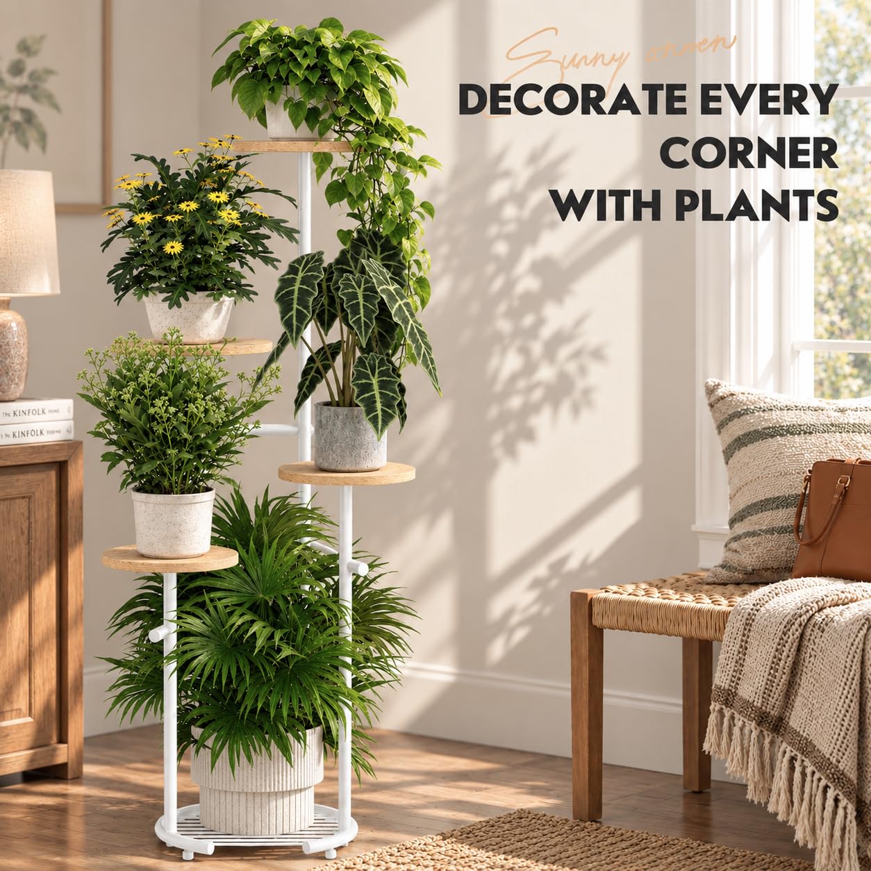 Close-up of the matte white iron frame of TOSKING 5-Tier Round Wood Corner Plant Stand
