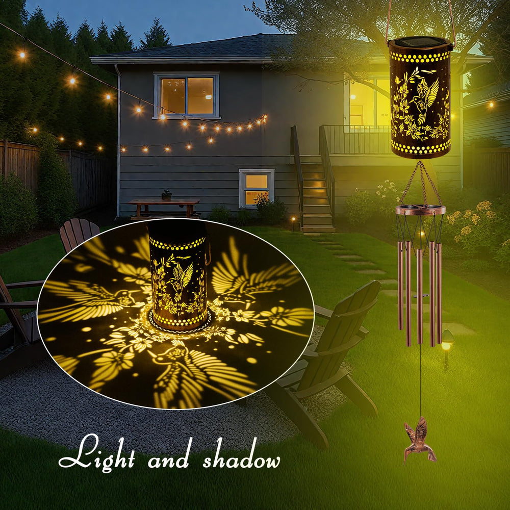 Close-up of the metal pipes of Howarmer Hummingbird Solar Wind Chimes