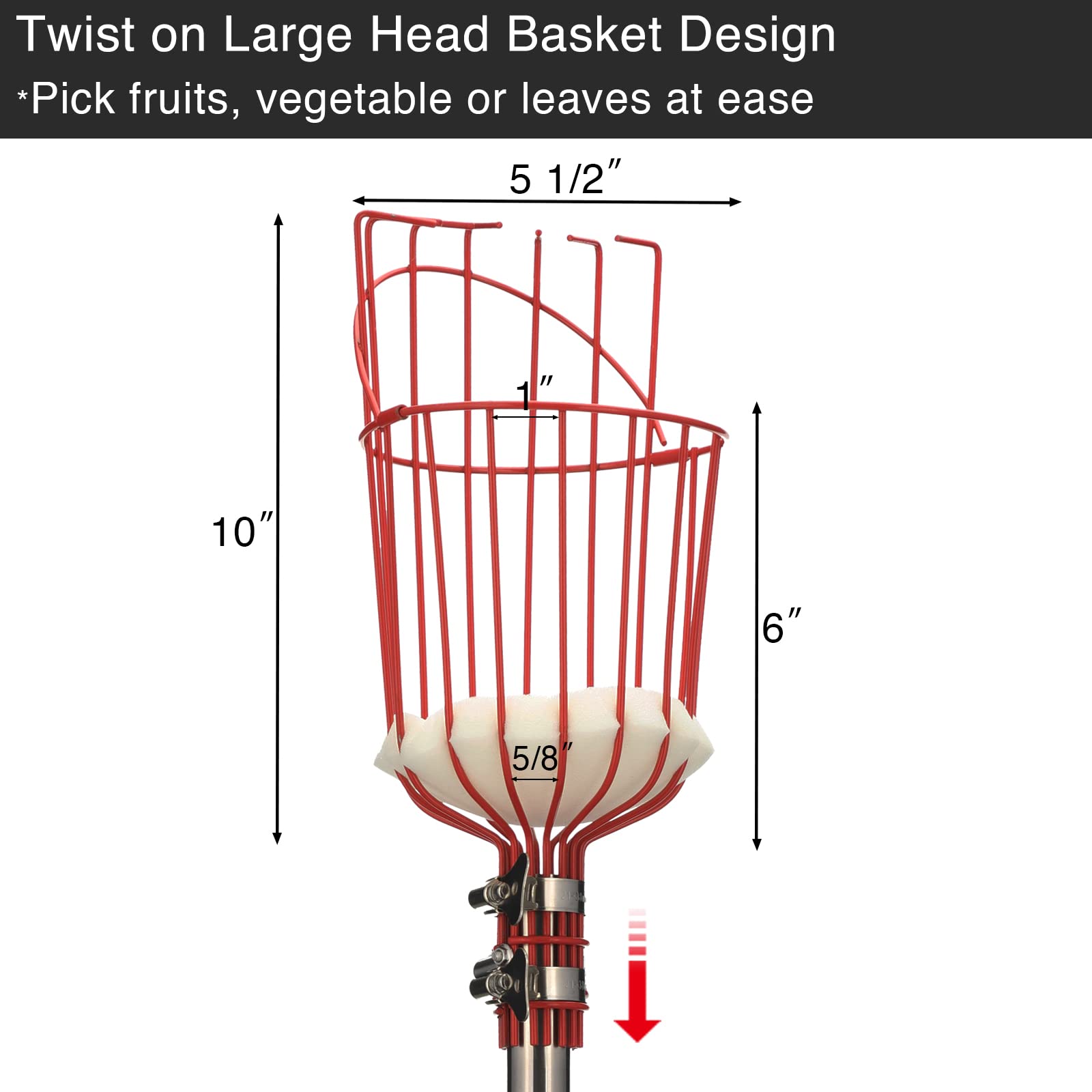 Close-up of the metal twist-on basket for fruit picking