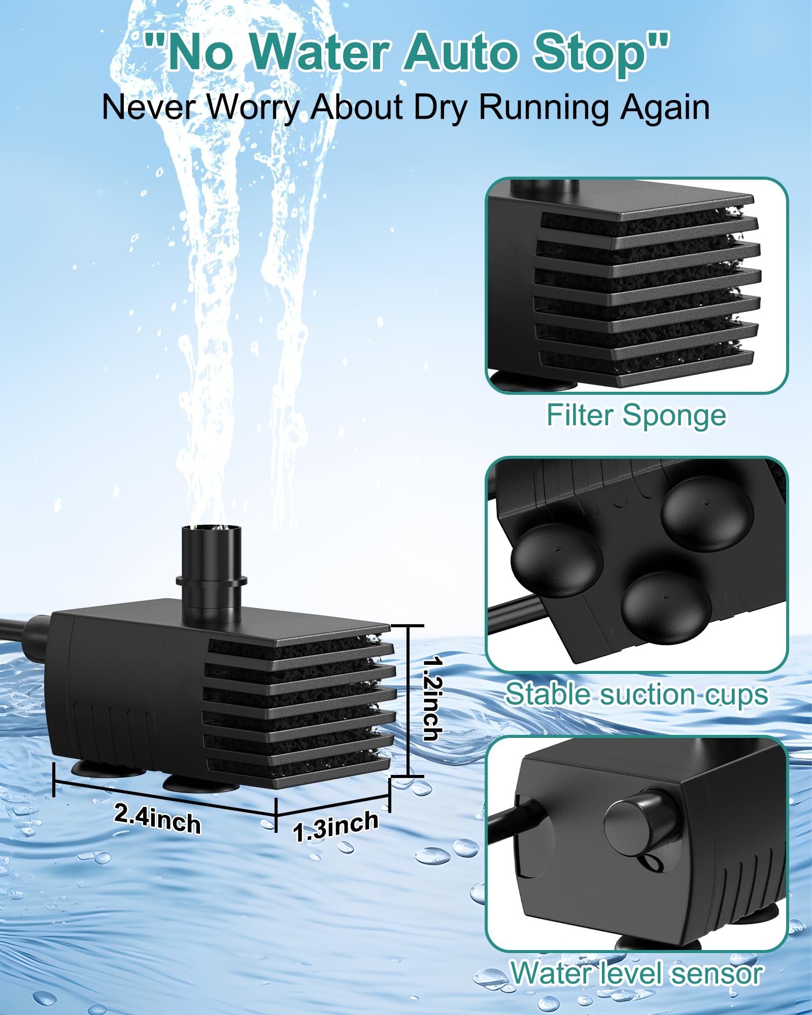Close-up of the mini water pump of Vovamo Rock Solar Fountain