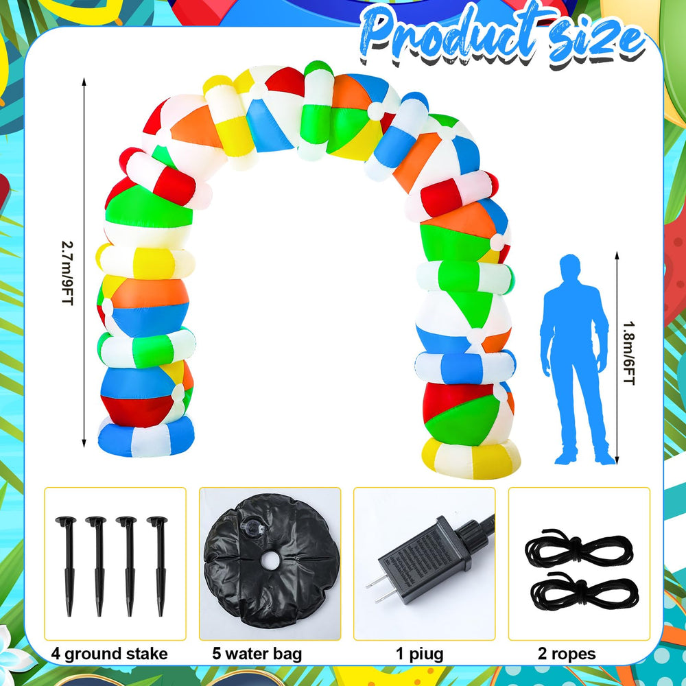 Close-up of the multicolor beach ball design on the inflatable arch