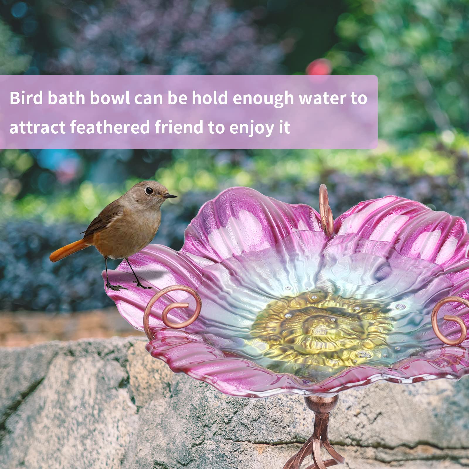 Close-up of the MUMTOP glass birdbath bowl with colorful pattern