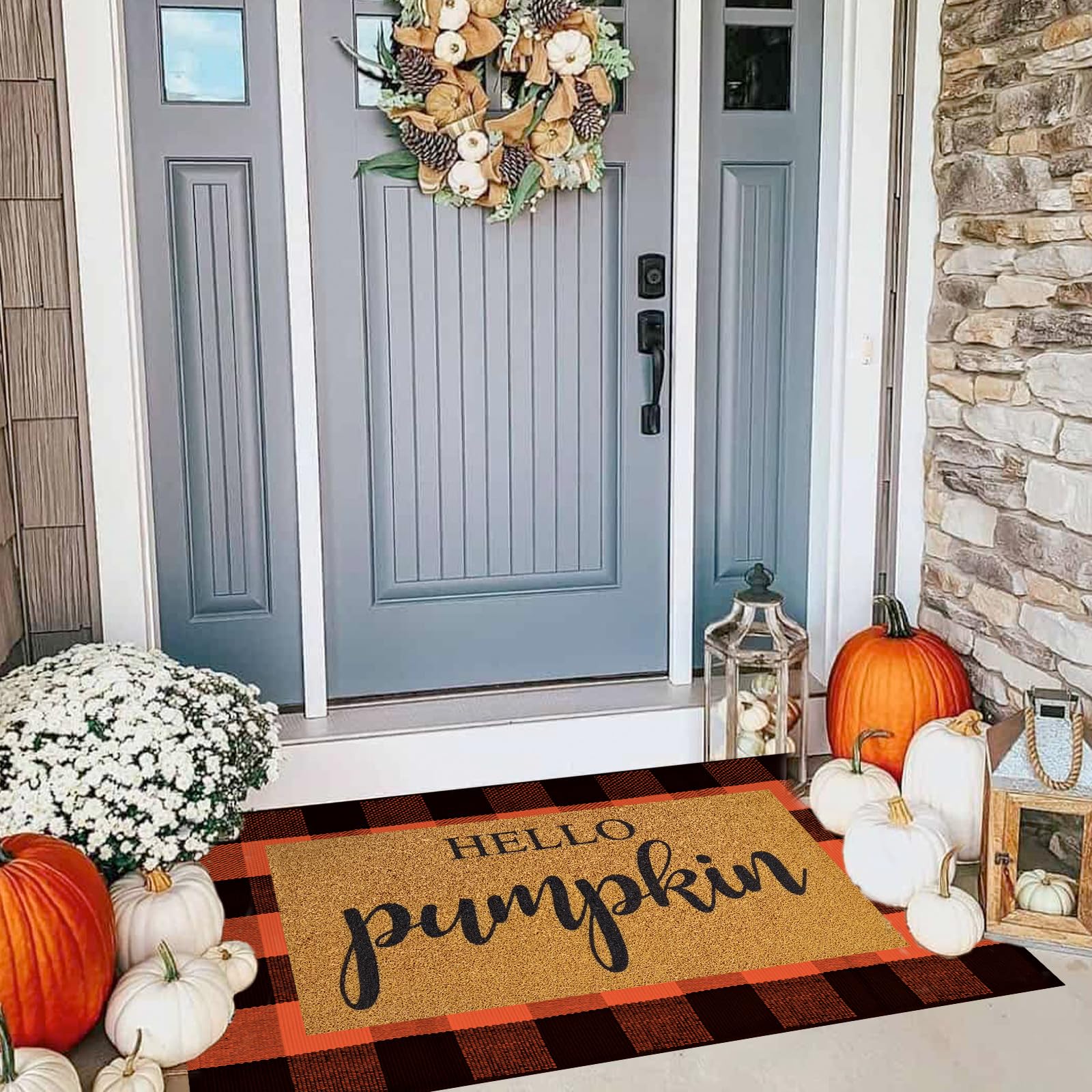 Close-up of the non-slip backing of the Hello Pumpkin mat