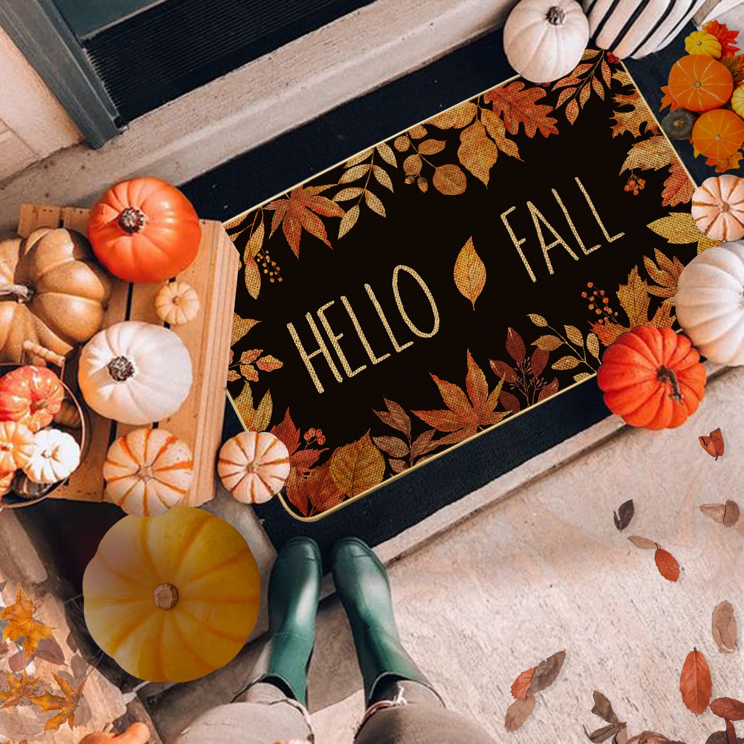 Close-up of the non-slip rubber backing of ARTDMT Hello Fall Doormat
