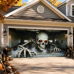 Close-up of the oversized skull and hands on Anrtrog Halloween Garage Door Cover