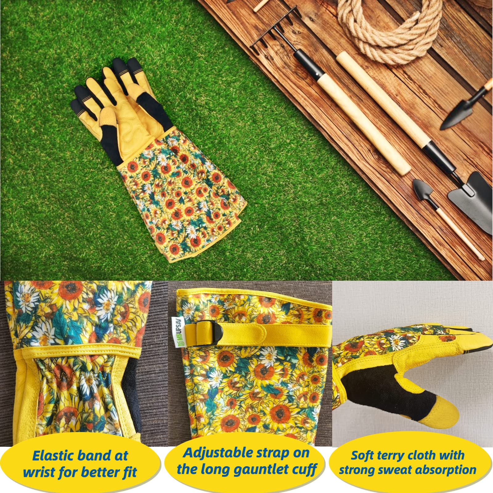Close-up of the palm of MSUPSAV Gardening Gloves, showing leather material