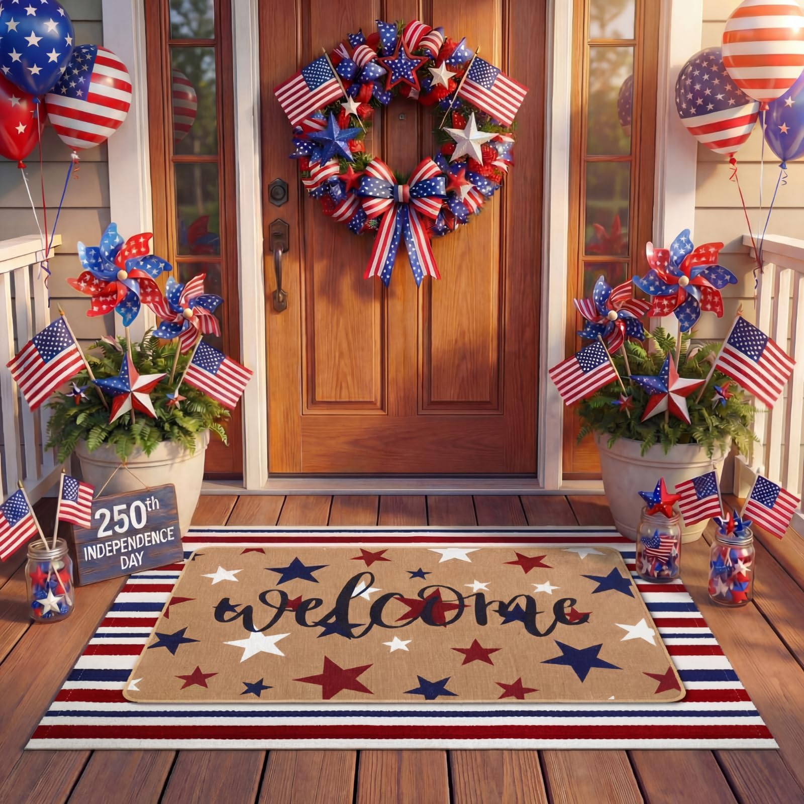 Close-up of the patriotic welcome message on the door mat