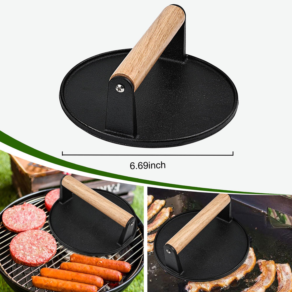 Close-up of the POLIGO burger press handle and stainless steel finish