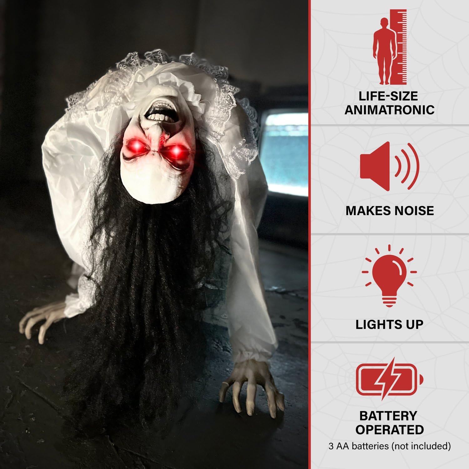 Close-up of the possessed woman's glowing red eyes