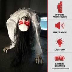 Close-up of the possessed woman's glowing red eyes
