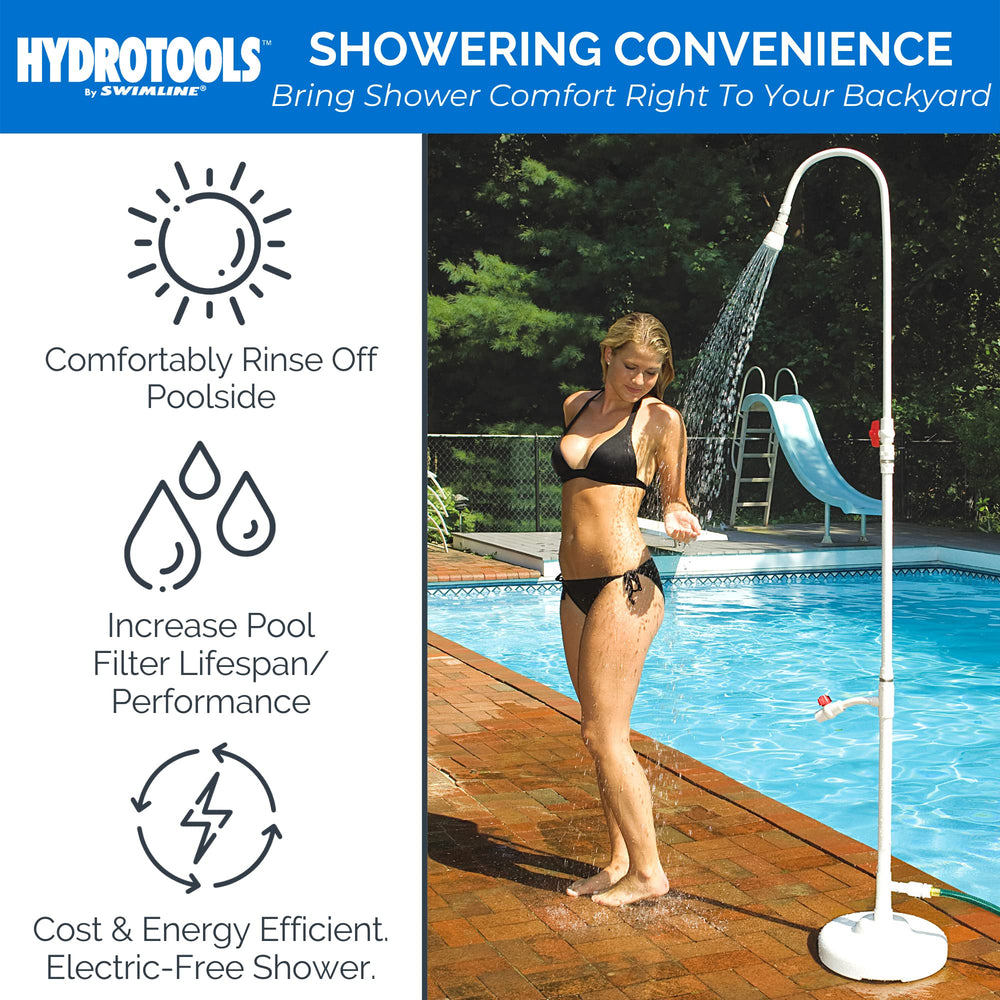 Close-up of the pressurized shower head on Swimline Poolside Shower