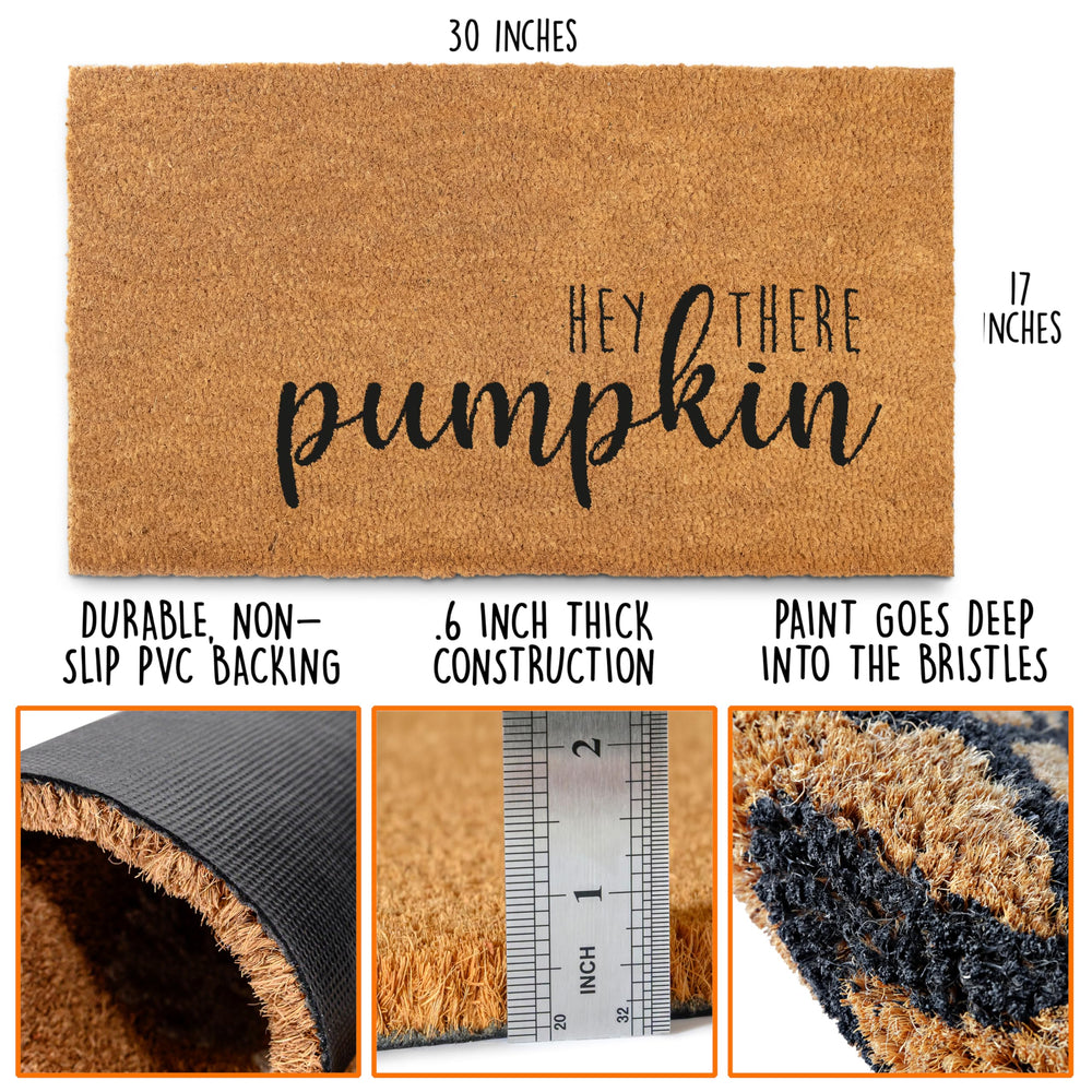 Close-up of the pumpkin design on MAINEVENT welcome mat