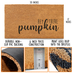 Close-up of the pumpkin design on MAINEVENT welcome mat