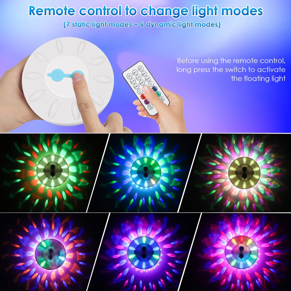 Close-up of the QOLNBY floating pool light with dynamic RGB effects