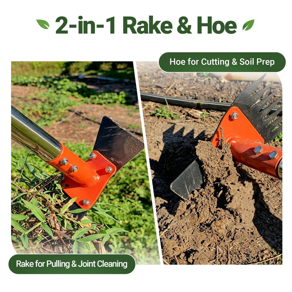 Close-up of the rake and hoe heads on the CKLT gardening tool