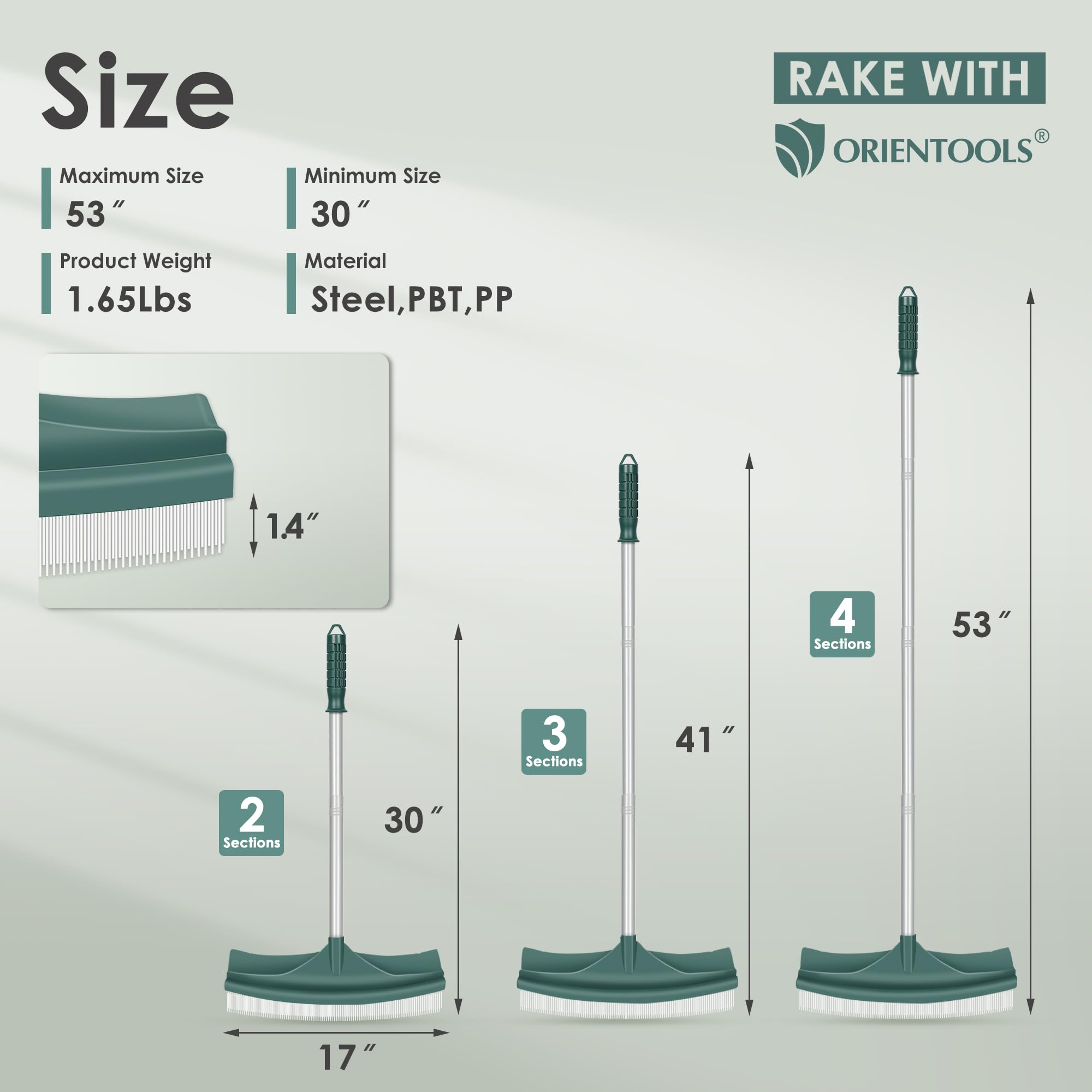 Close-up of the rake head with PBT bristles