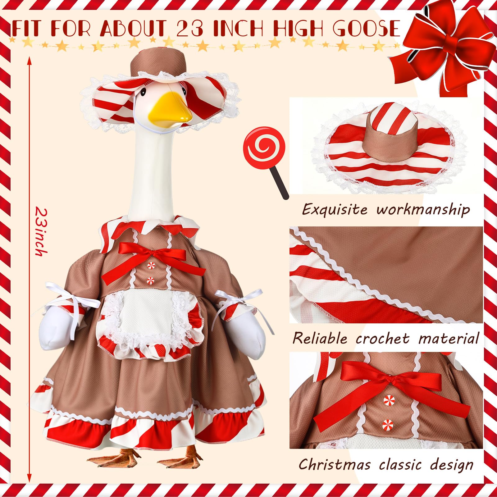 Close-up of the red and white striped collar and cuffs of the goose costume