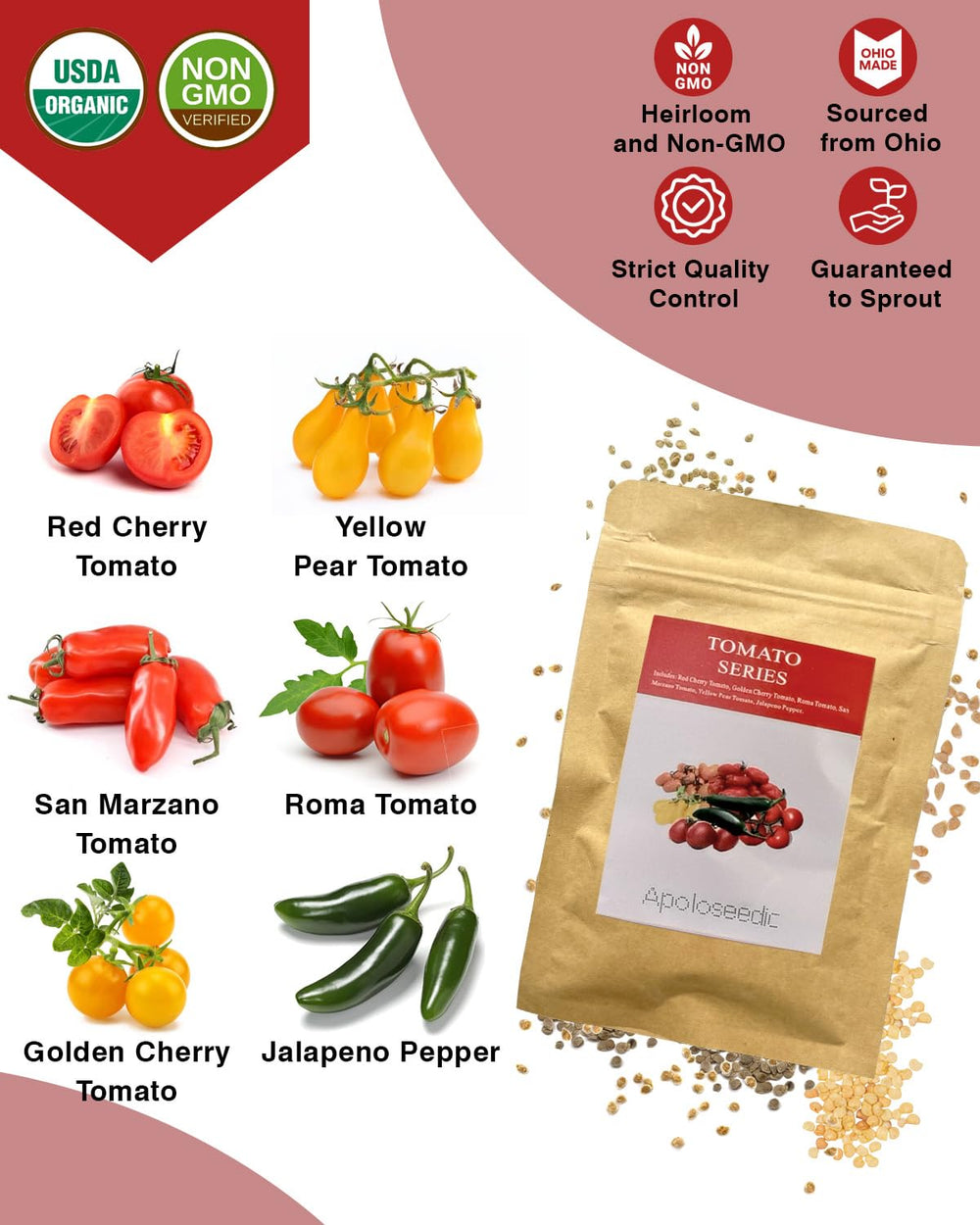 Close-up of the Red Heirloom Tomato seeds in the kit