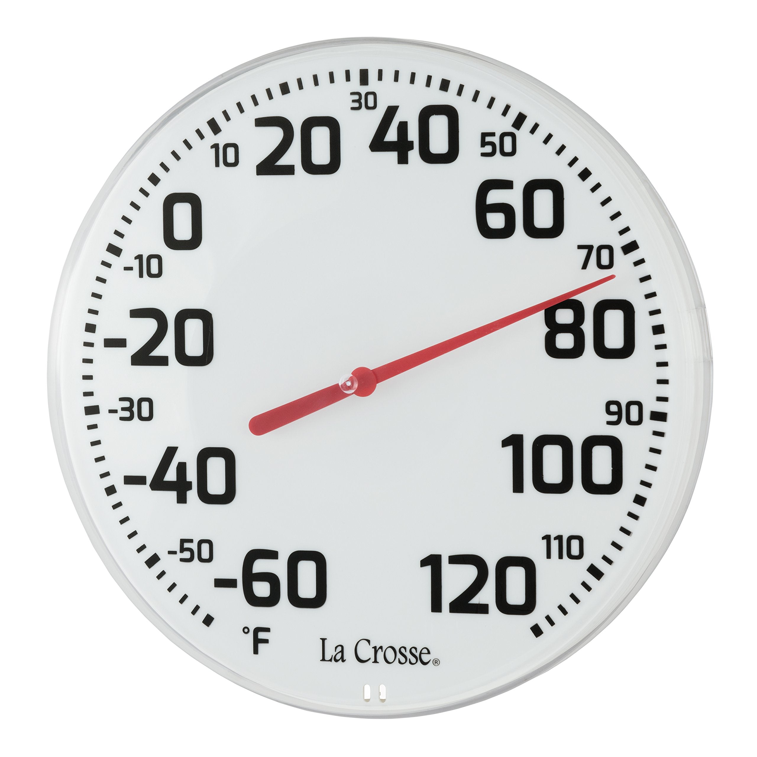 Close-up of the red temperature indicator on La Crosse thermometer