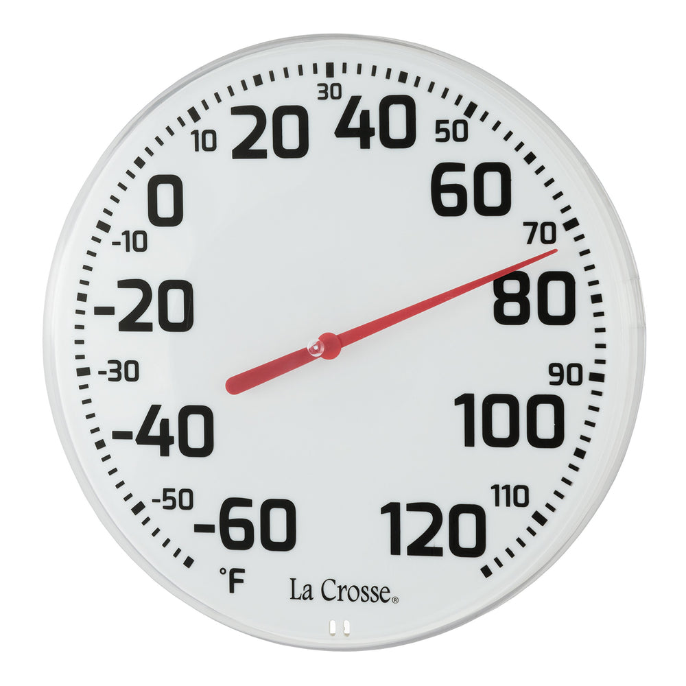 Close-up of the red temperature indicator on La Crosse thermometer