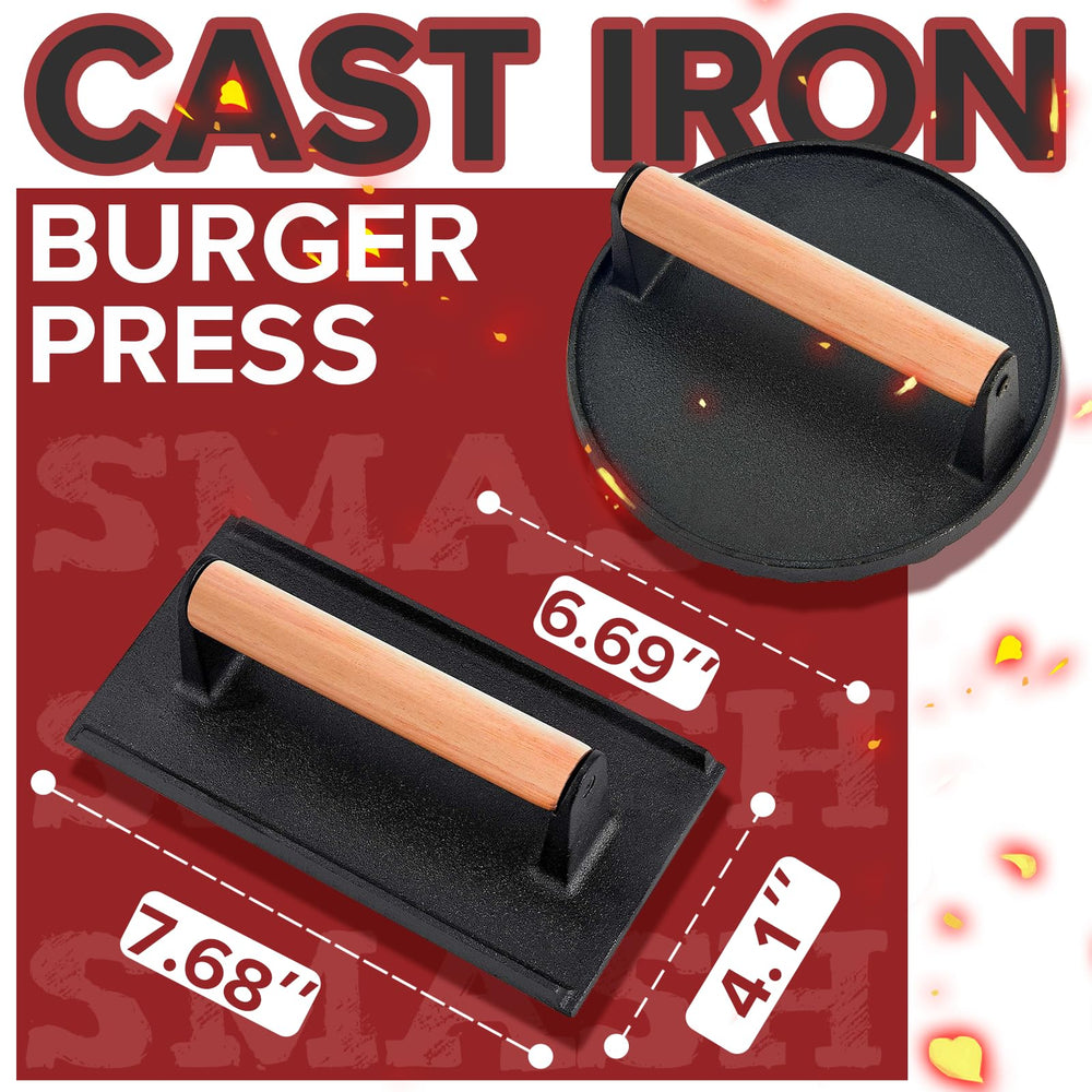 Close-up of the round cast iron hamburger press in black