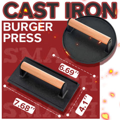 Close-up of the round cast iron hamburger press in black