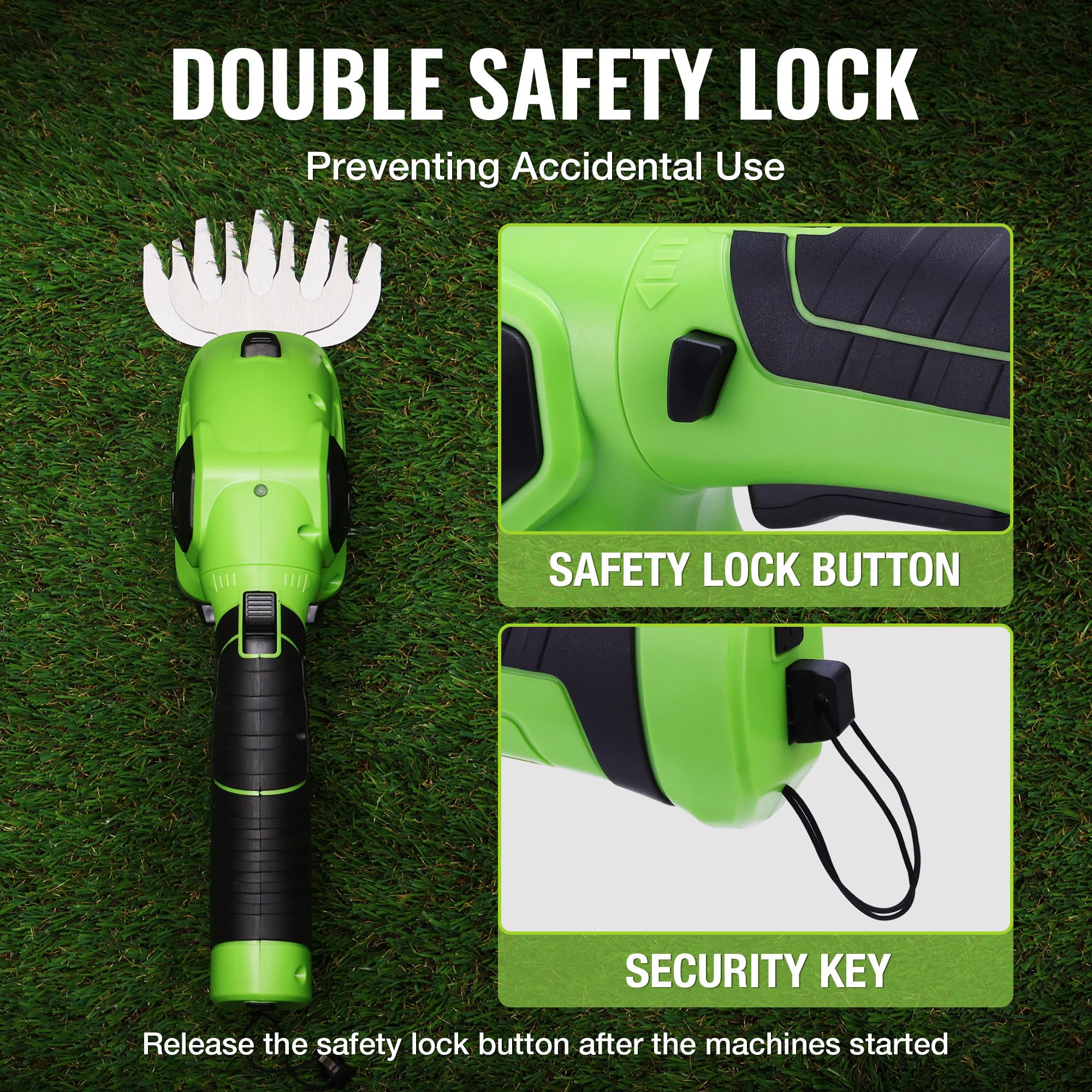 Close-up of the safety lock on WORKPRO Cordless Grass Shear