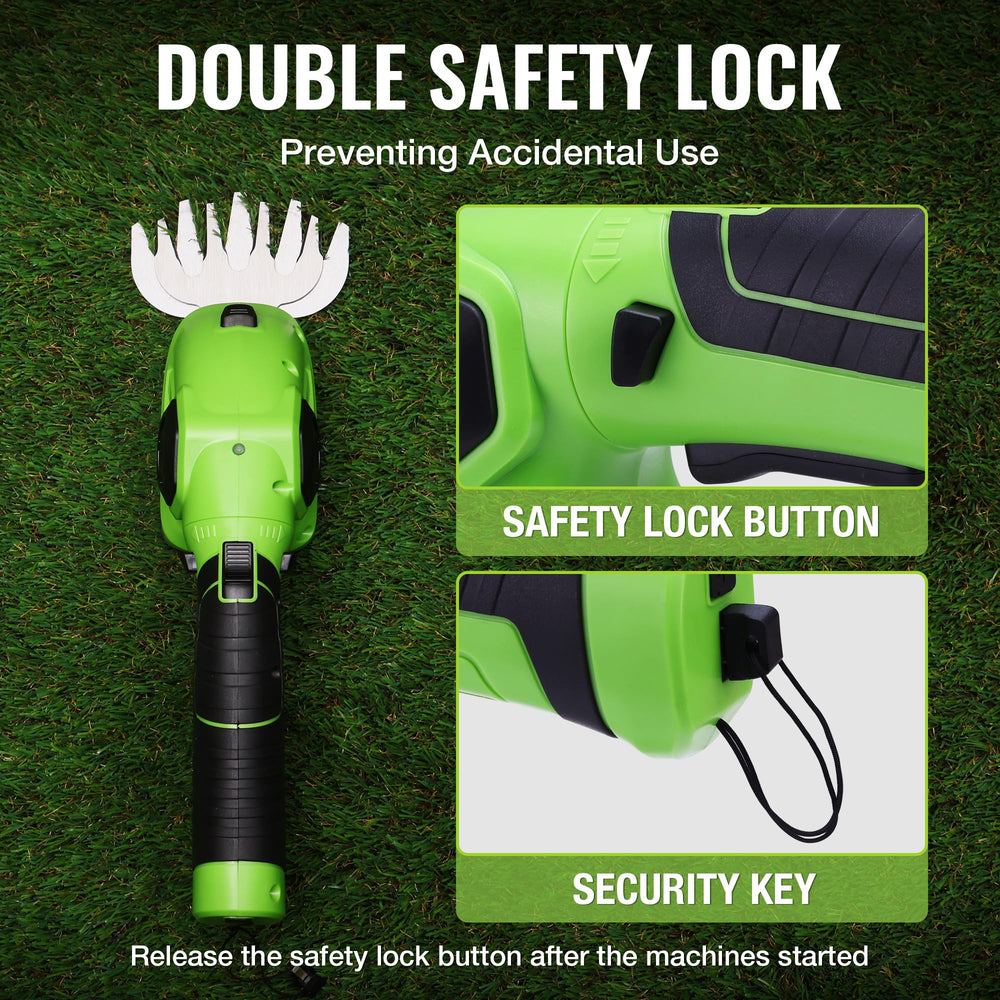 Close-up of the safety lock on WORKPRO Cordless Grass Shear