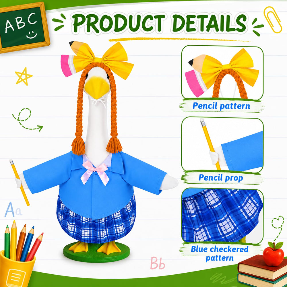 Close-up of the schoolgirl outfit featuring a pencil and blouse
