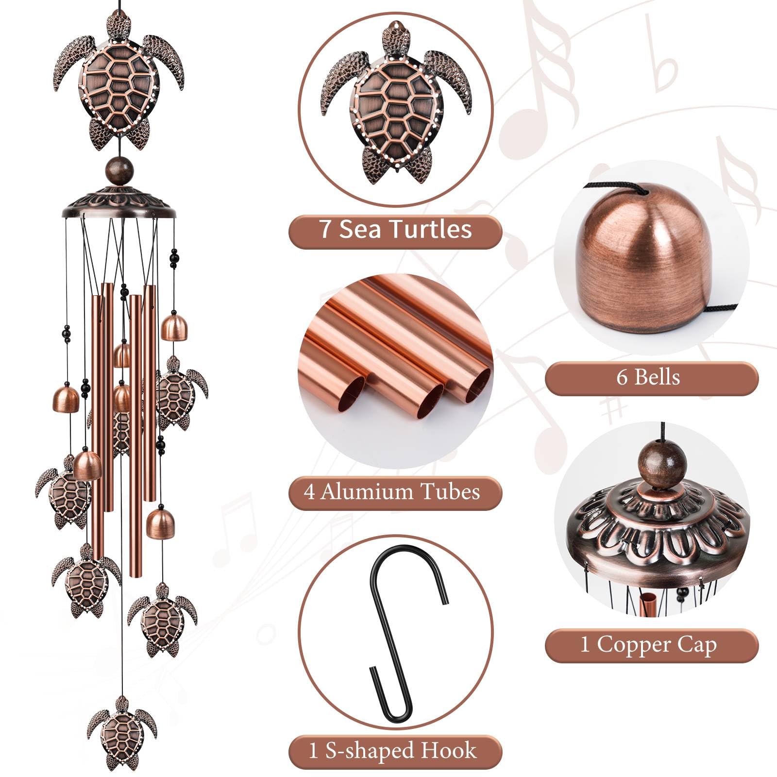 Close-up of the sea turtle wind chime showing aluminum tubes