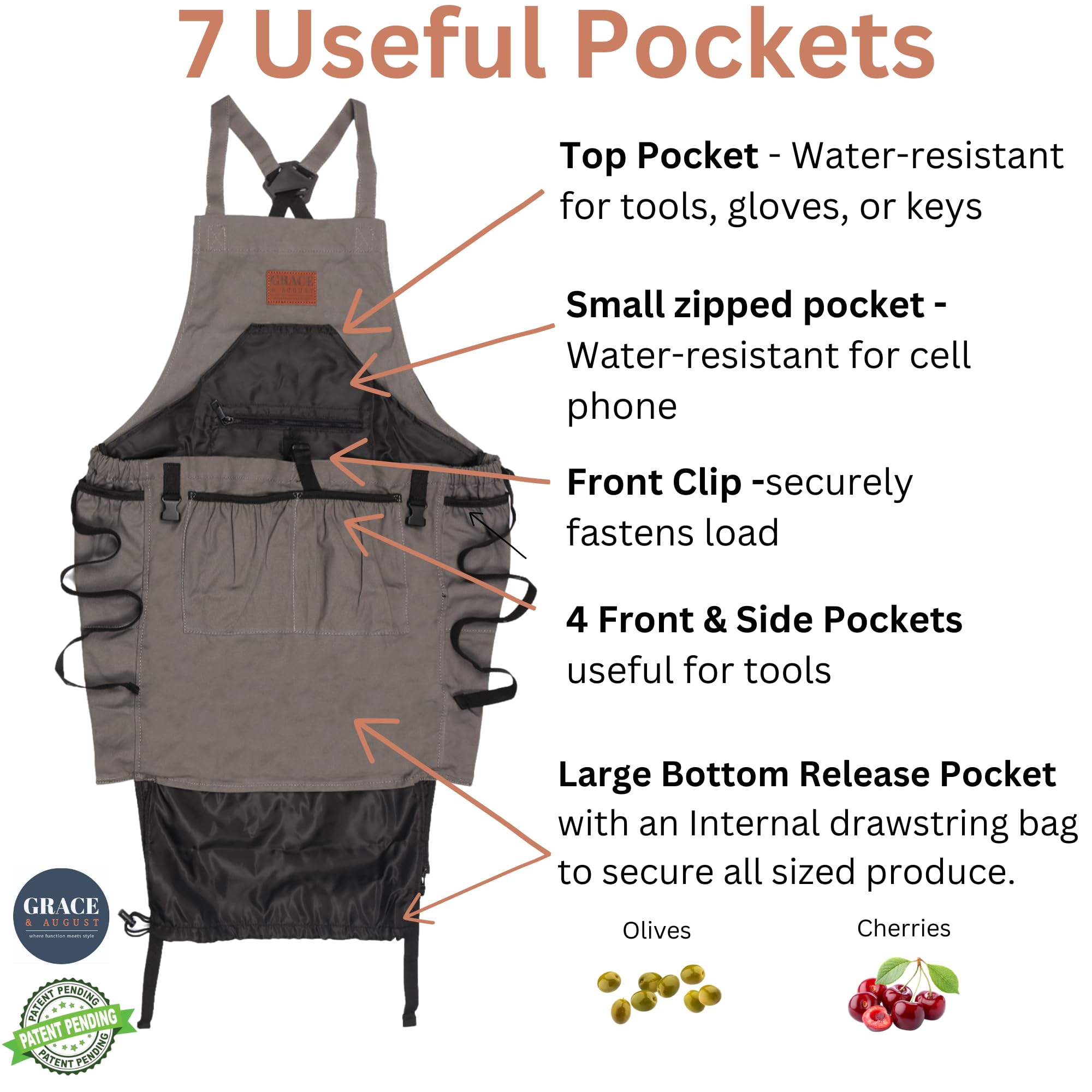 Close-up of the seven pockets in the Grace and August Gardening Apron
