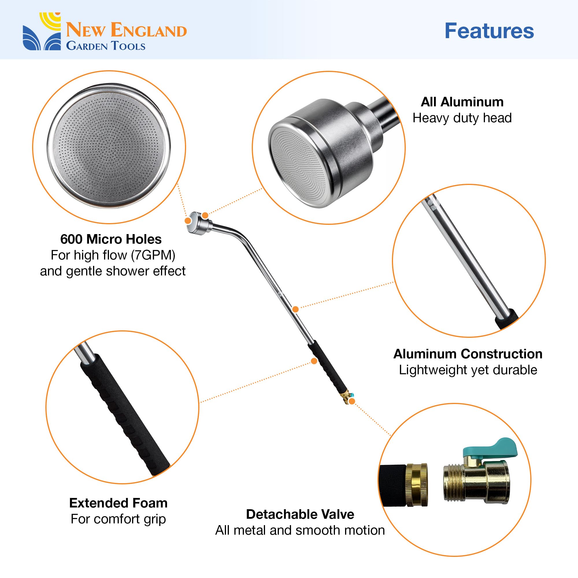 Close-up of the shower head of the 30 Inch Soft Rain Watering Wand