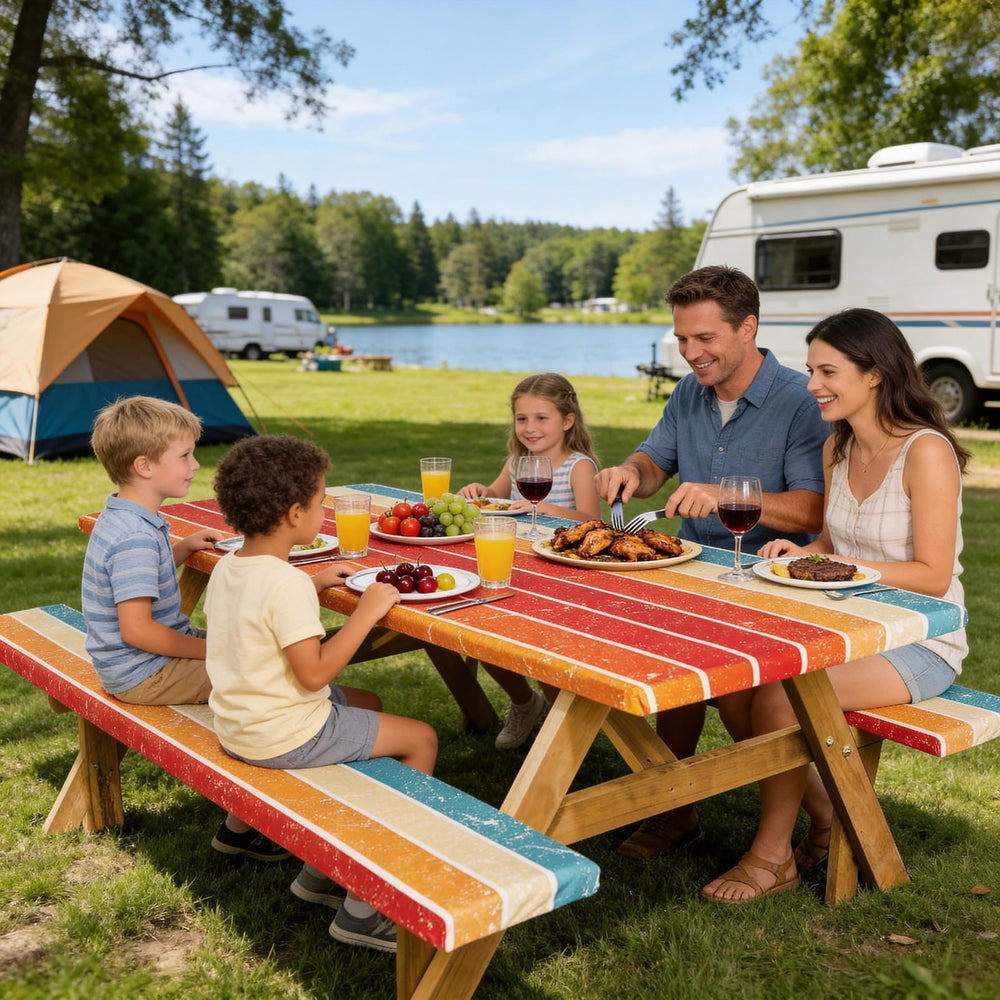 Close-up of the SiorVeol picnic table cover on a rectangular table
