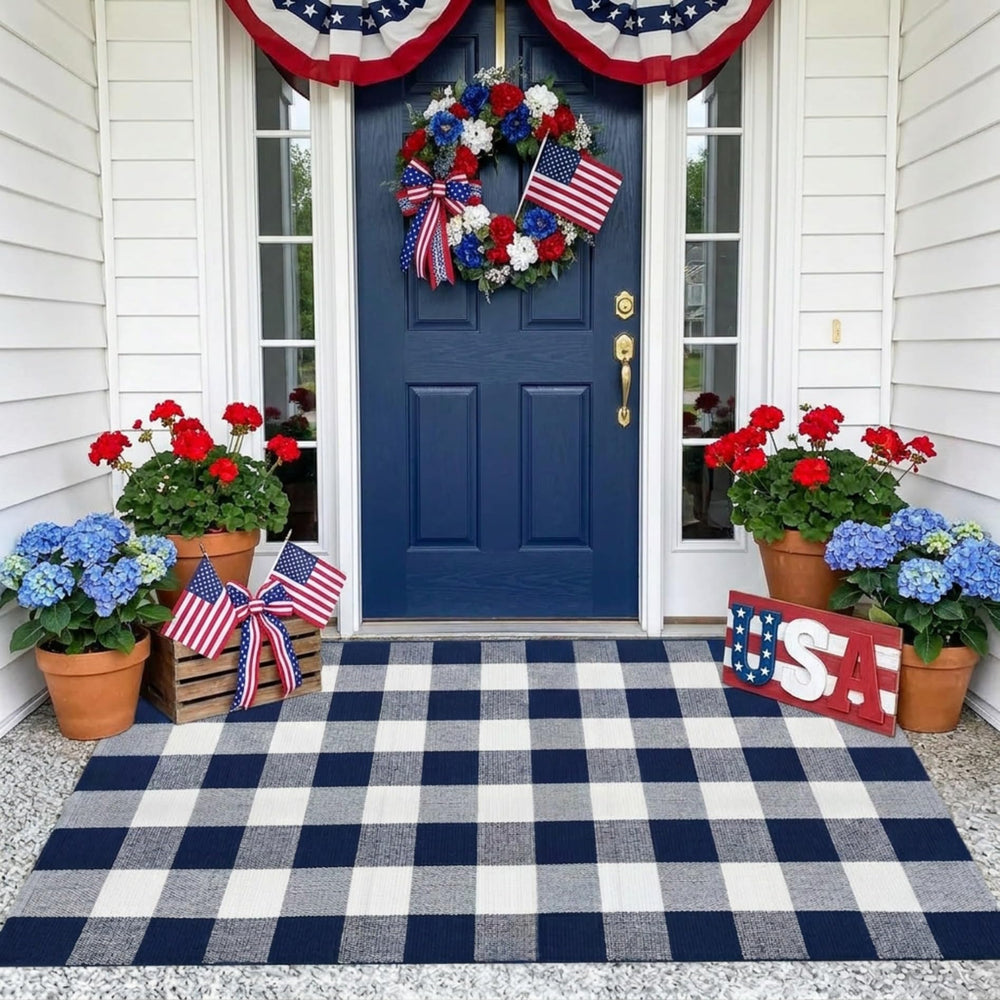 Close-up of the soft cotton texture of MUBIN buffalo plaid rug