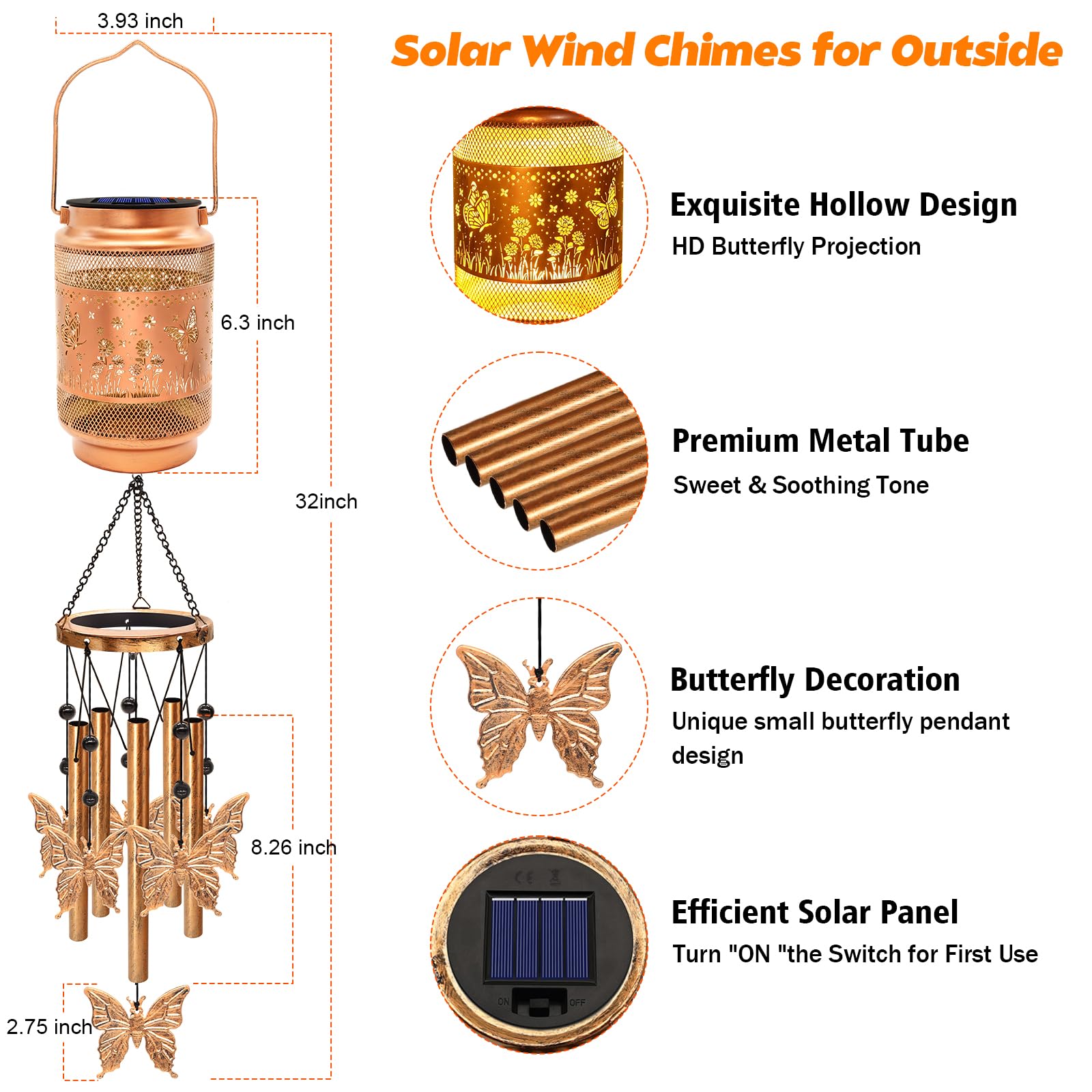 Close-up of the solar lantern feature on the wind chime