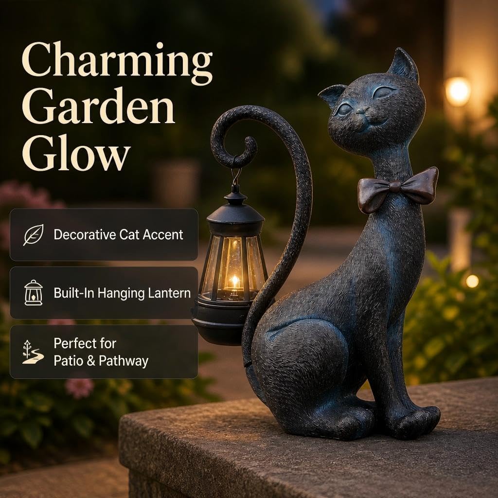 Close-up of the solar lantern on REYISO Cat Statue