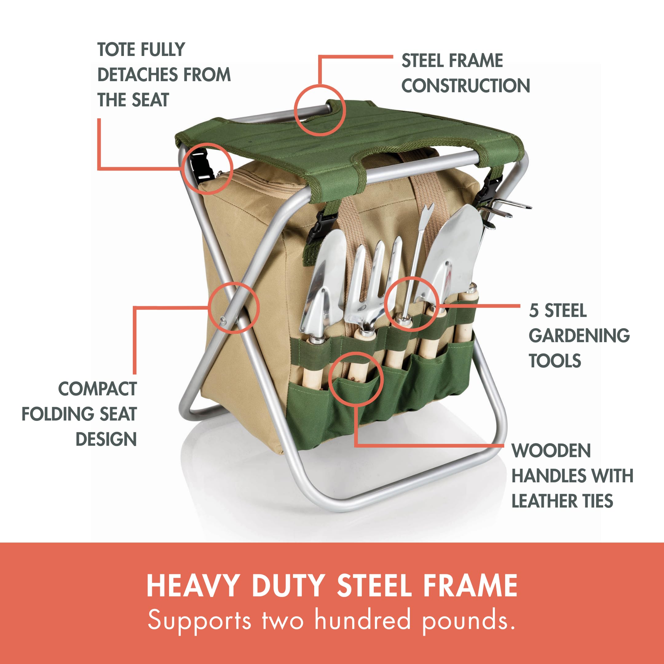 Close-up of the spade and trowel with wooden handles included in tote