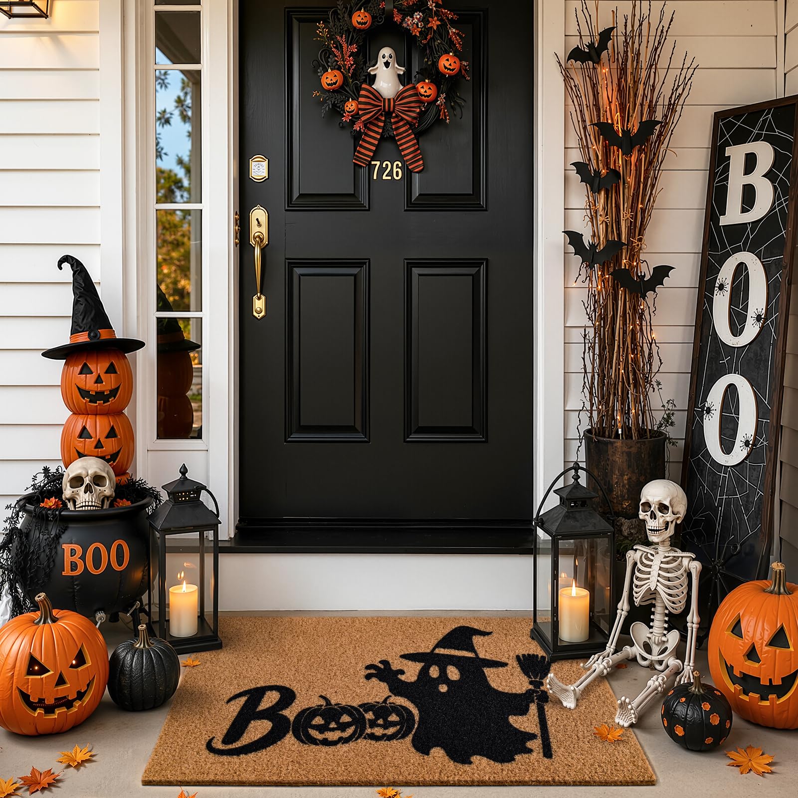 Close-up of the spooky Boo ghost design on the mat