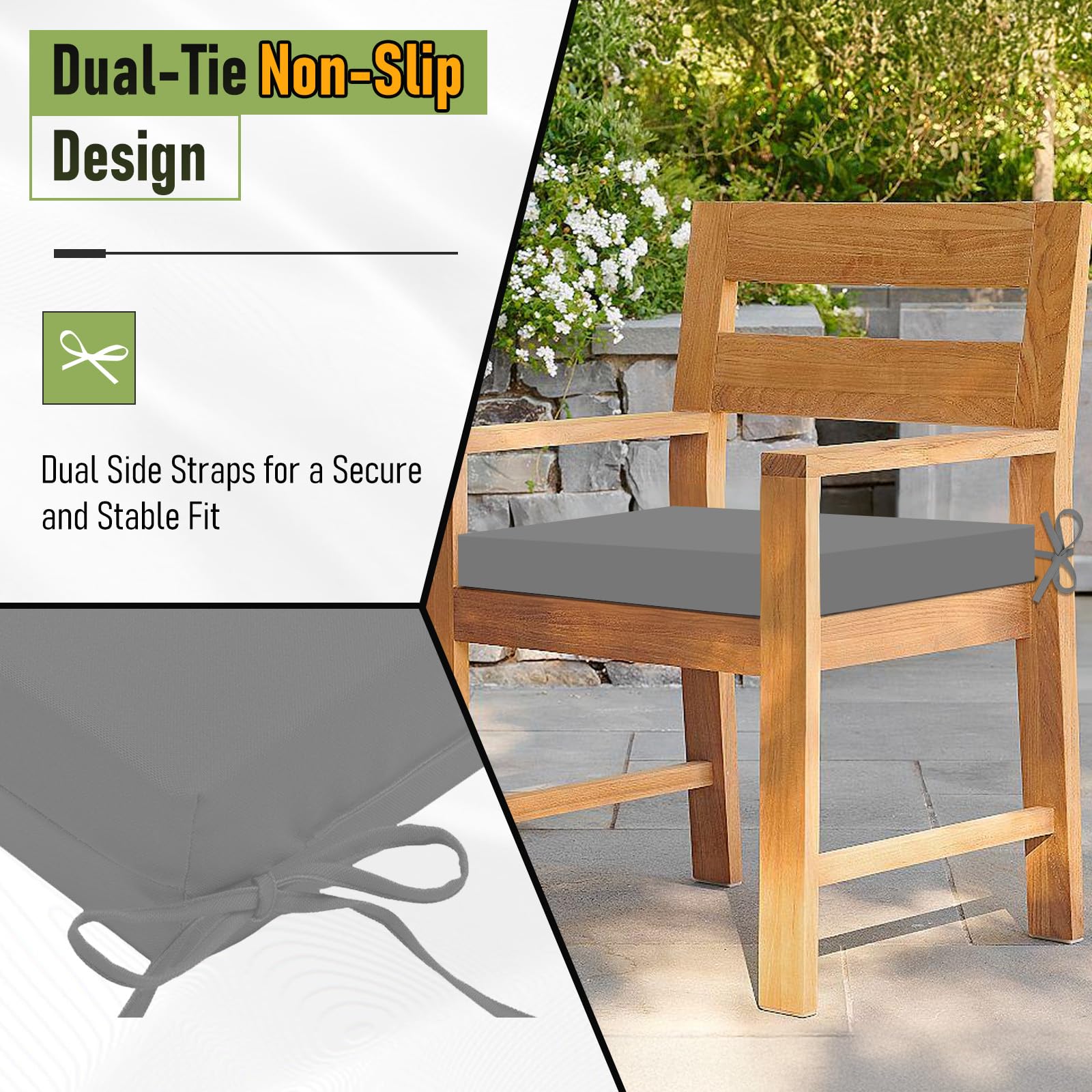 Close-up of the straps on Basic Beyond Outdoor Chair Cushions for secure fit