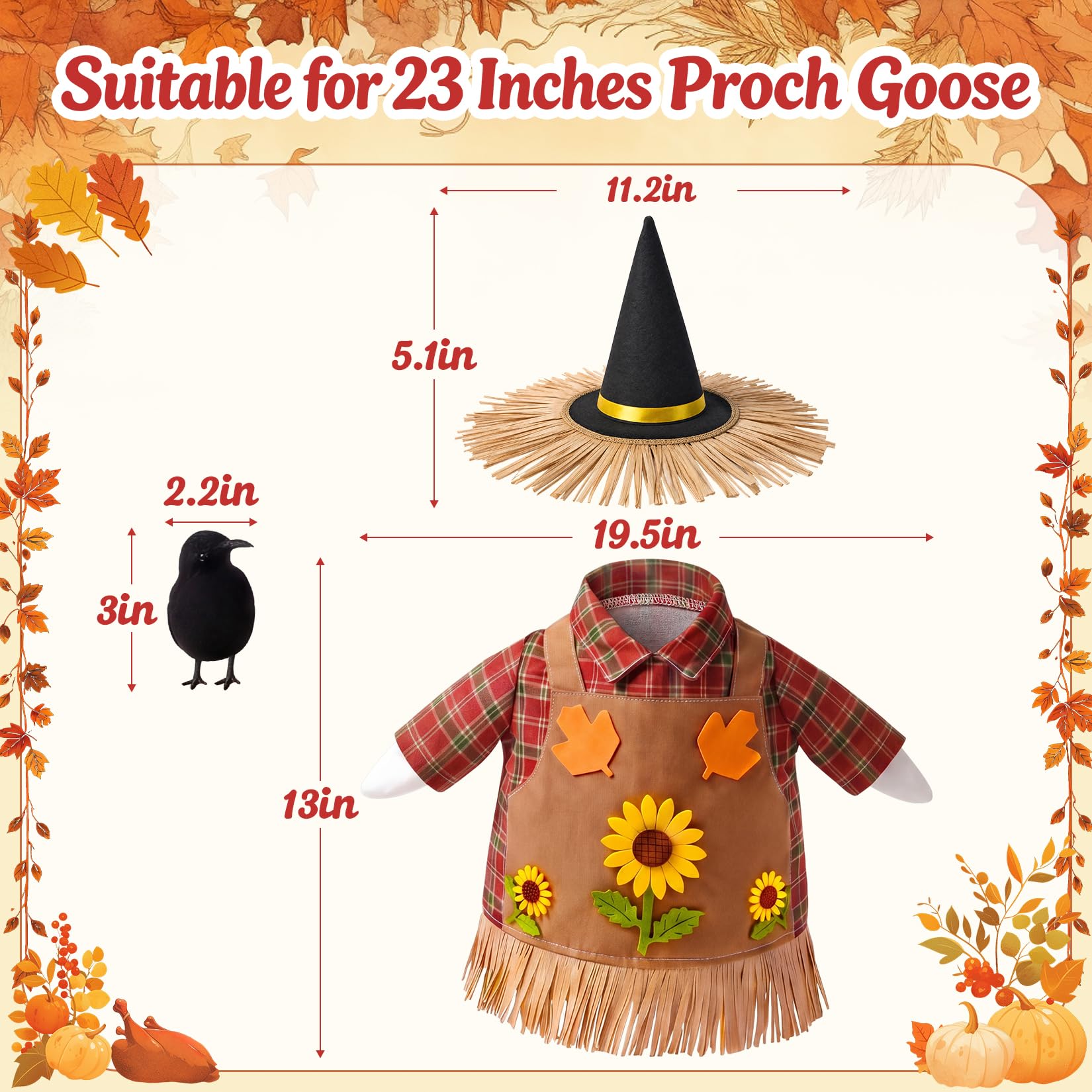 Close-up of the straw fringe hat and black crow ornament on the scarecrow outfit