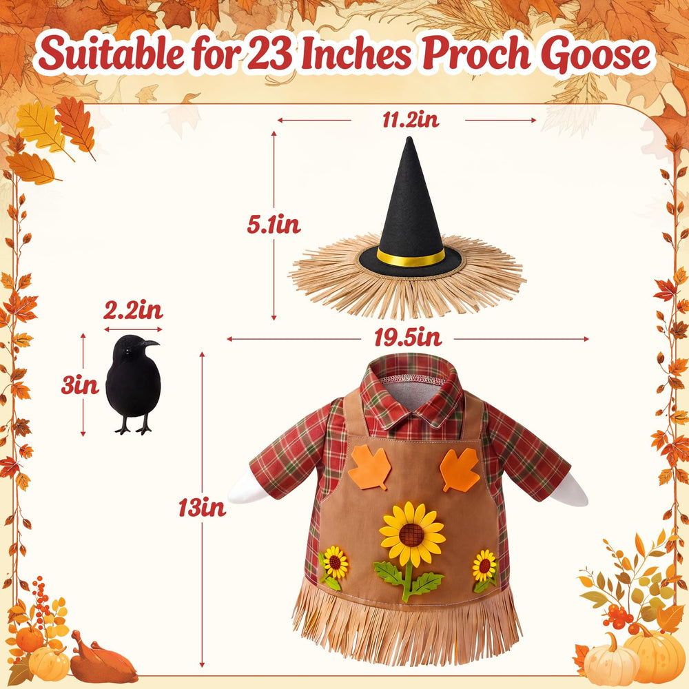 Close-up of the straw fringe hat and black crow ornament on the scarecrow outfit