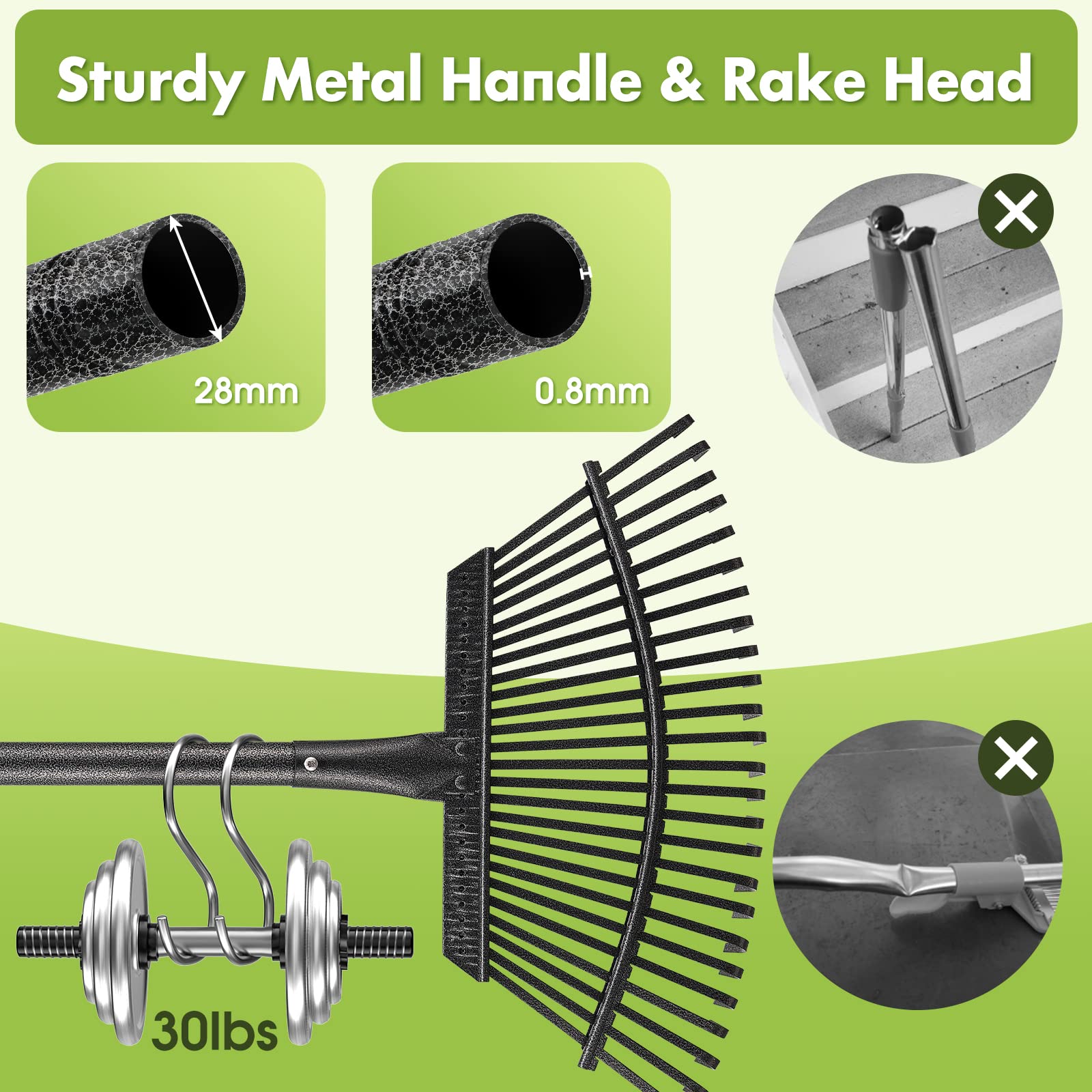 Close-up of the sturdy metal tines on INFLATION Leaf Rake