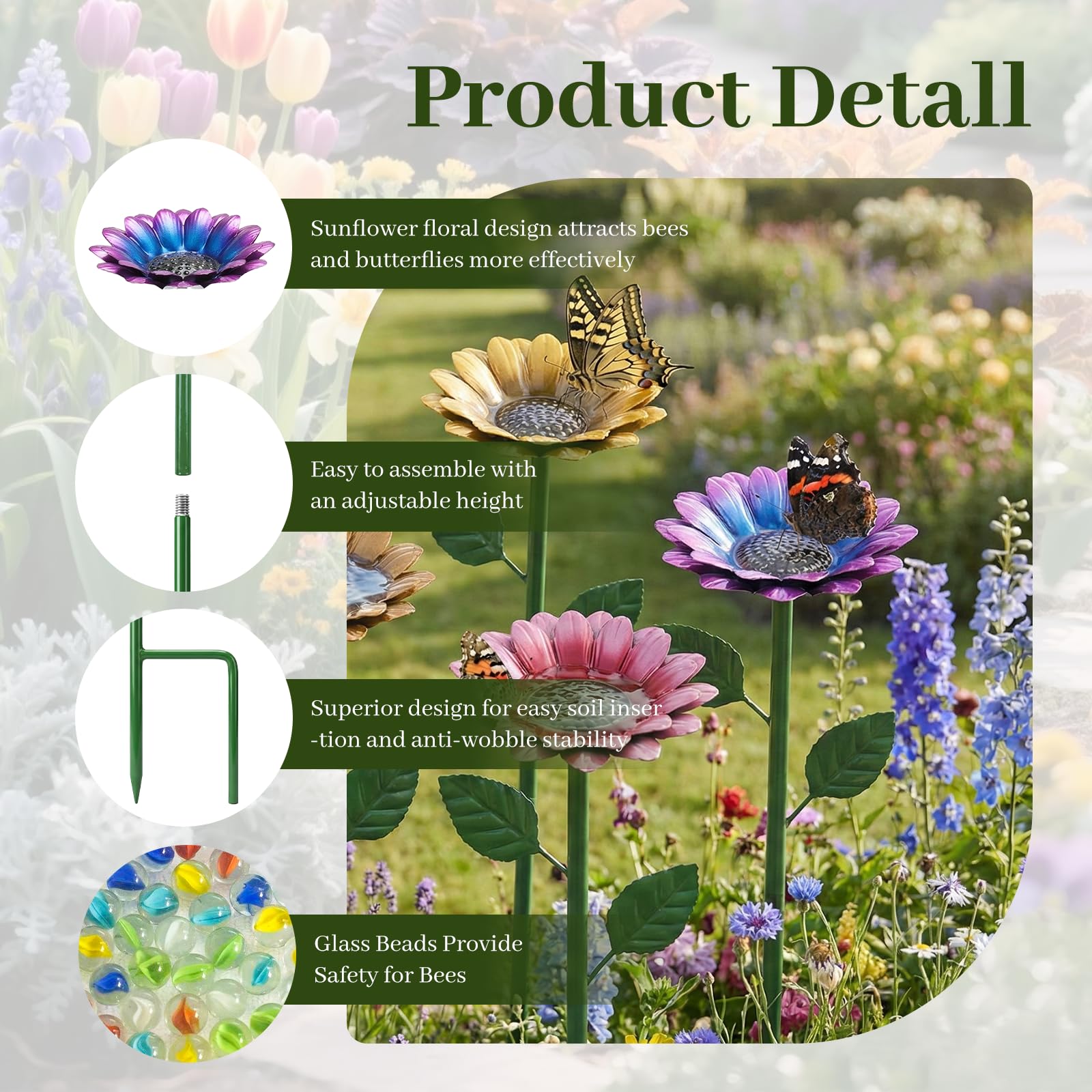 Close-up of the sunflower basin with glass beads for safe bee hydration
