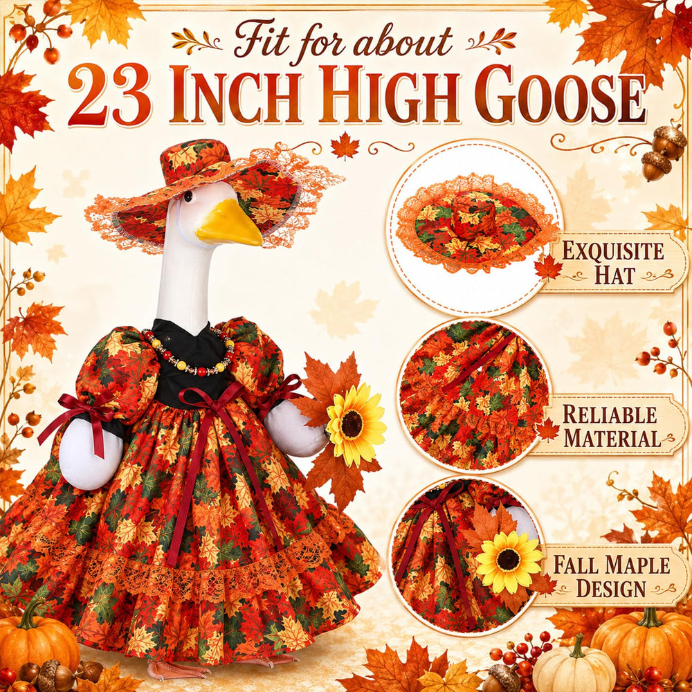 Close-up of the Suzile Fall Goose Outfit featuring a maple leaf bouquet