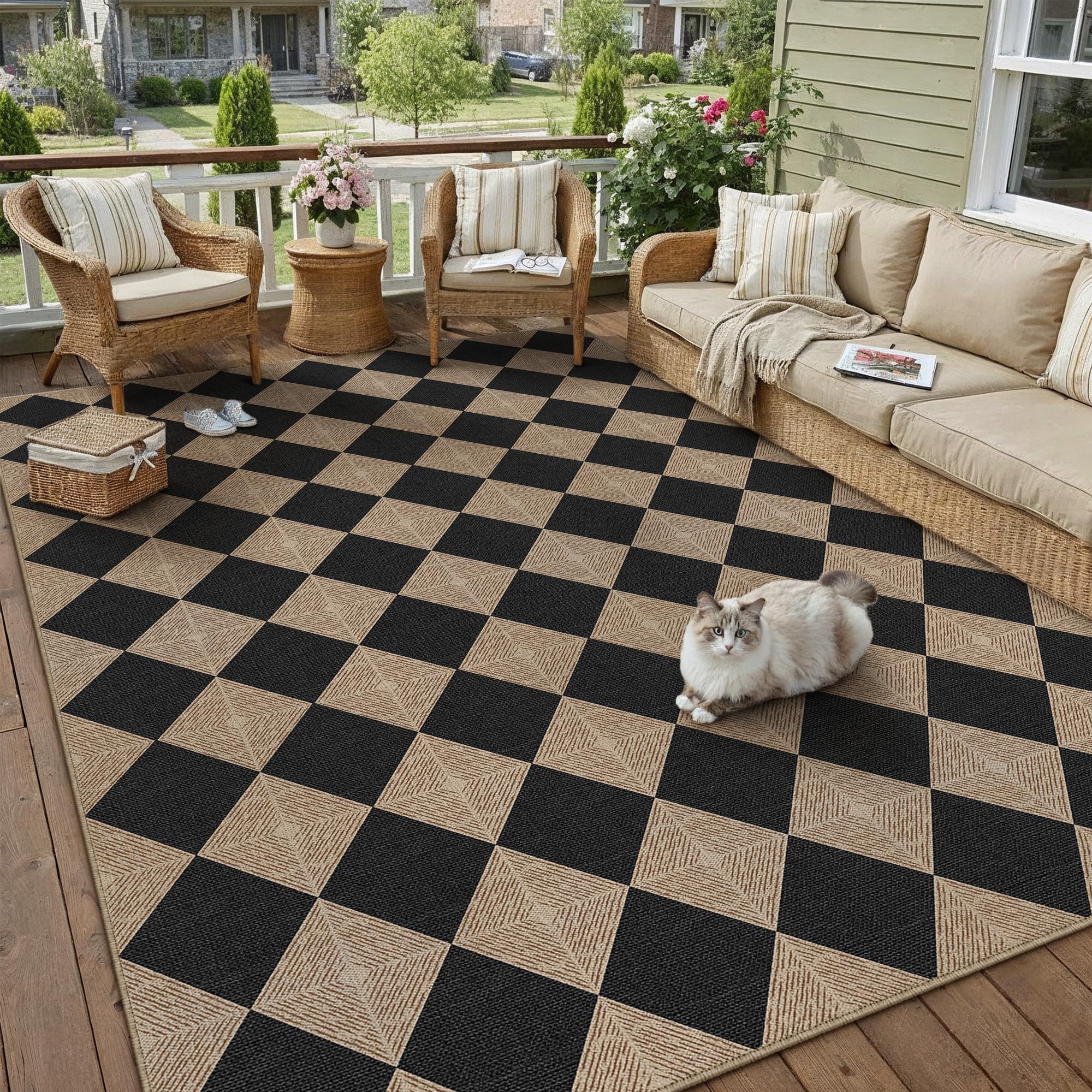 Close-up of the texture on PureCozy 5x7 checkered area rug