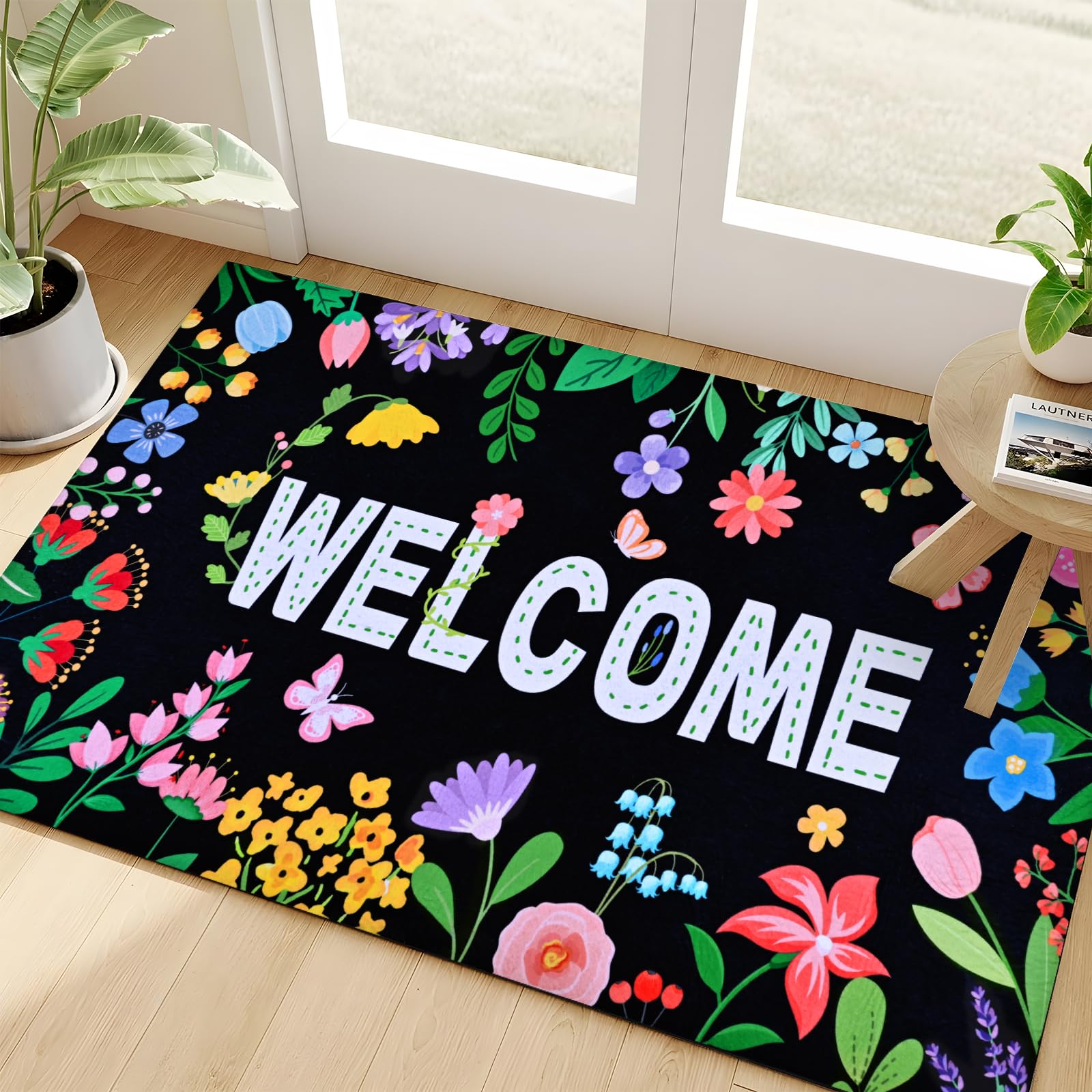 Close-up of the textured surface of the Likiyol Floral Door Mat