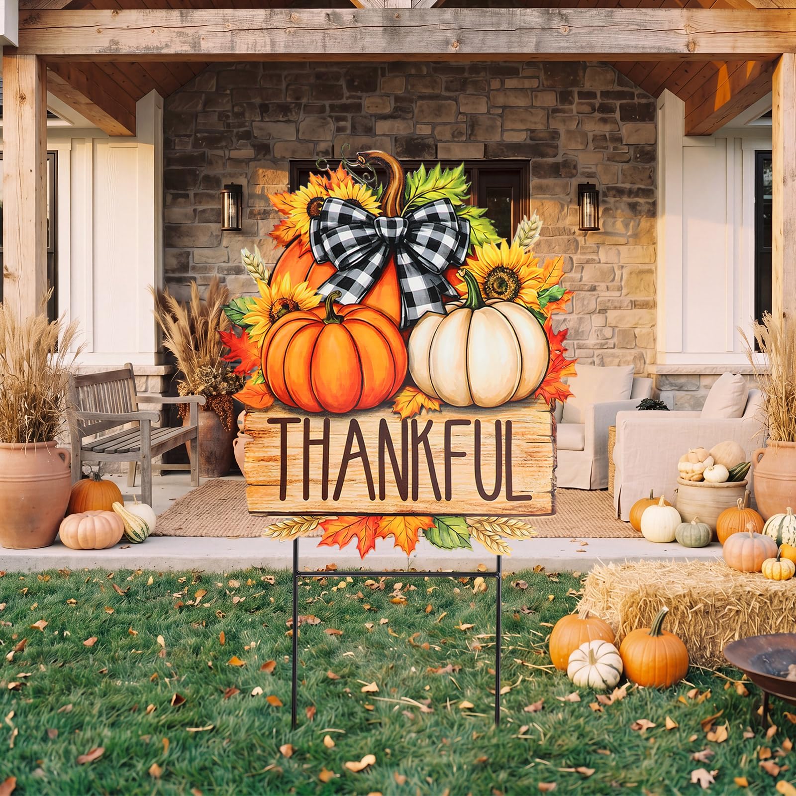 Close-up of the Thankful script on the pumpkin yard sign