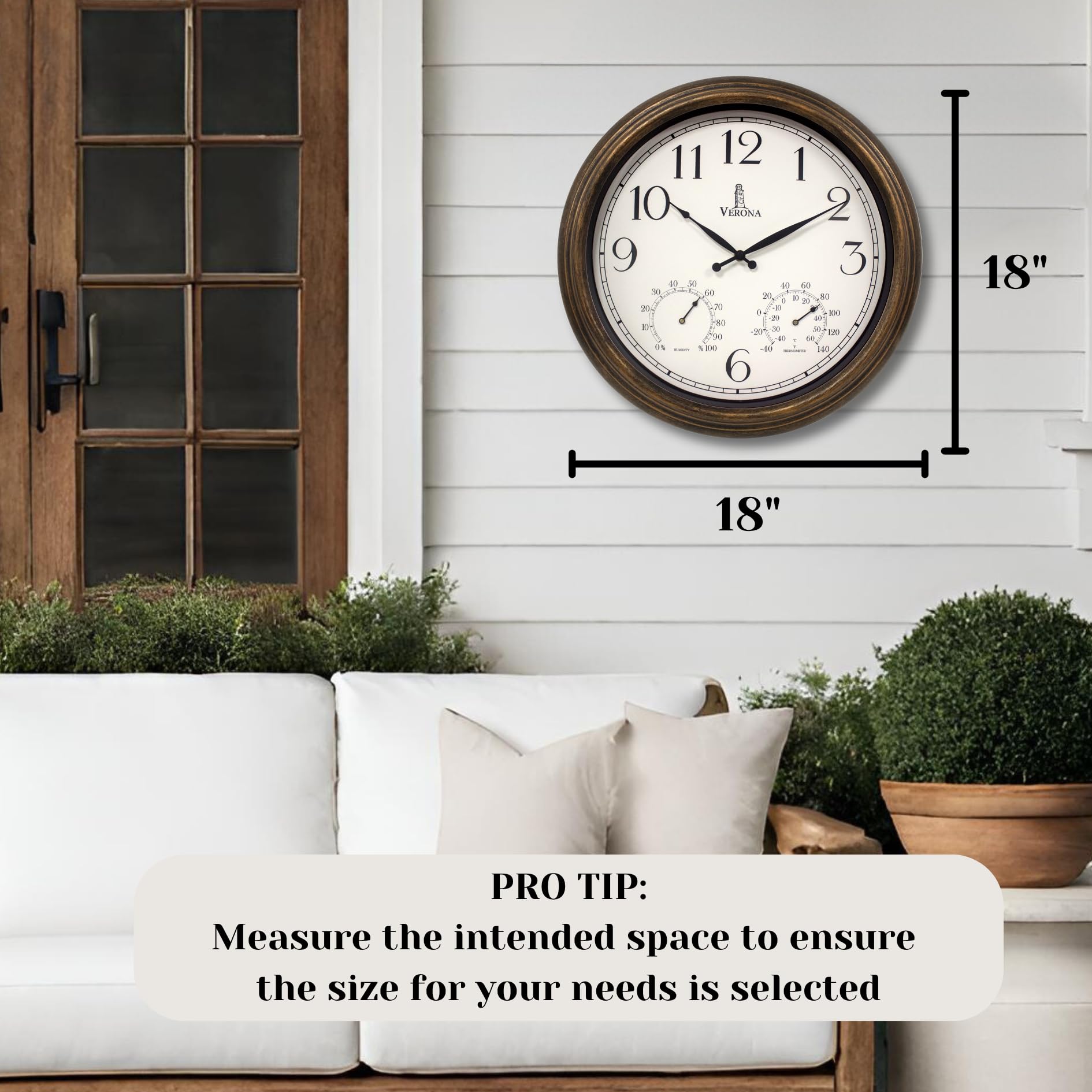 Close-up of the thermometer and hygrometer on the bronze outdoor clock